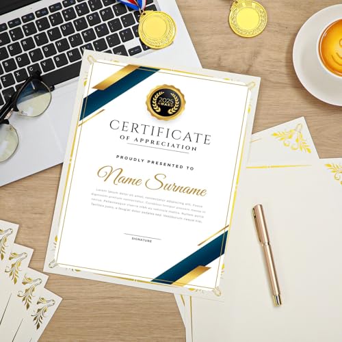 Fainne 50 Pcs Single Sided Certificate Holder Diploma Covers with Foil Border for 8.5 x 11 Inches Certificates Cardstock Document Papers Back to School Award Competition Supplies(Beige, Gold)