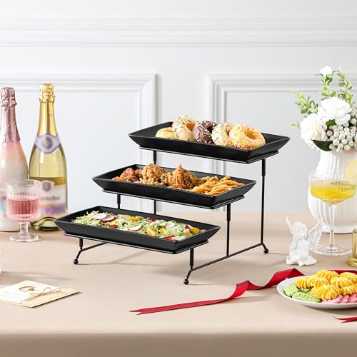 MALACASA 3 Tier Serving Tray, Stoneware Tiered Serving Trays Platters, 12 Inch Serving Stand with Platters, Black Dessert Stand Food Display Stand with Collapsible Sturdier Metal Rack, Series PLAT