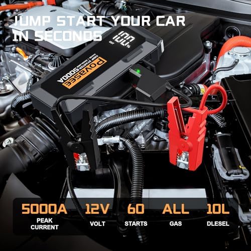 Povasee Jump Starter 5000A Peak Car battery jump starter, 12V Jump start battery pack up to ALL Gas or 10L Diesel Engine Battery Jump box with 3" LCD Display Power Bank/Dual Output/LED Light