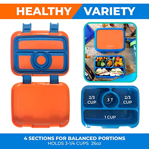 kinsho Bento Lunch Box for Kids Toddlers Boys, 5 Portion Sections Secure Lid, Microwave Safe BPA Free Removable Tray, Pre-School Kid Daycare Lunches Snack Container Ages 3 to 5, Blue Orange