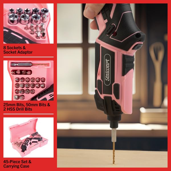 4V Electric Screwdriver 45-Piece Set - Rechargeable Cordless 4.5Nm 250RPM Screw Gun with Dual Position Grip and LED Light by Stalwart (Red)