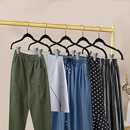 Quality Plastic 20-Pack - Non Velvet Non-Flocked Thin Compact Coat Hangers with Metal Clips for Skirts Pants Blouses - 360° Swivel Hook (Black, 20)