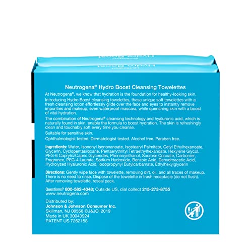 Neutrogena Hydro Boost Facial Cleansing Towelettes + Hyaluronic Acid, Hydrating Makeup Remover Face Wipes Remove Dirt & Waterproof Makeup, Hypoallergenic, 100% Plant-Based Cloth, 2 x 25 ct