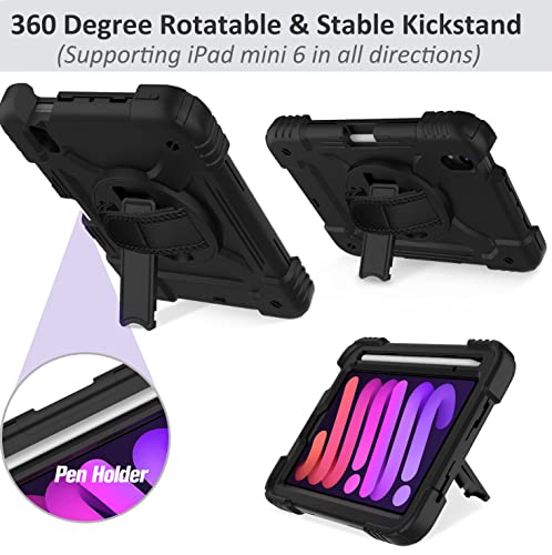 BMOUO iPad Mini 6 Case, iPad Mini 6th Generation Case, Rugged Shockproof [360° Rotating Stand] [Hand Strap] [2nd Gen Pencil Holder] Kids Case for New iPad Mini 6th Generation 8.3 inch 2021- Black