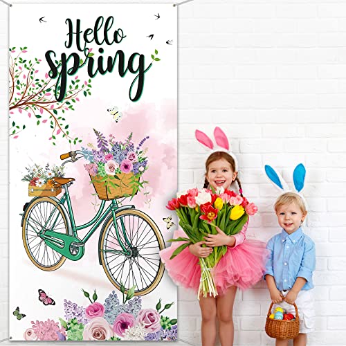 Hello Winter Welcome Porch Sign Door Cover Banner Winter Party Decoration Backdrop Floral Bike Banner Large Seasonal Door Banner Background Door Cover, 70.8 x 35 Inch (Spring Style)