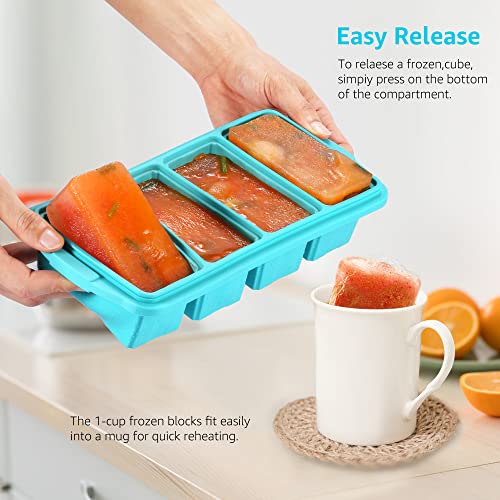 Ztomine Silicone Freezer Tray With Lid - Silicone Freezer Food Molds- Large Ice Cube Tray,Silicone Freezer Container,Freeze & Store Soup, Sauce, Broth,Leftovers - Makes 4 Perfect 1 Cup