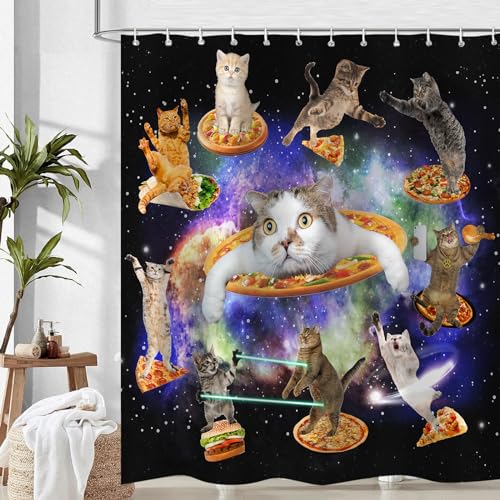 Emwnodti Cute Funny Cat Shower Curtain for Kids, Cool Fun Cute Cats Starry Sky Nebula Galaxy for Kid Bathroom Decor, Polyester Waterproof Durable Bathroom Accessory Set with 12 Hooks 72x72 inch