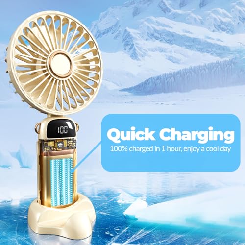 plilogo Portable Fan, Handheld Fan with LED Display, Rechargeable Personal Fan for 15 Hours Cooling, Neck Fan for Outdoor, Small Fan for Travel Camping, Folding Mini Fan with Phone Holder for Office