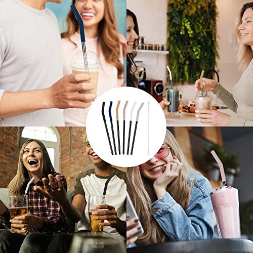 Tronco Set of 6 Stainless Steel Reusable Metal Straws with Silicone Flex Tips Elbows Cover, Metal Drinking Straws for Tronco Tumbler, 6 Steel Straws,6 Silicone Tips,1 Straw Cleaning Brush（Black)