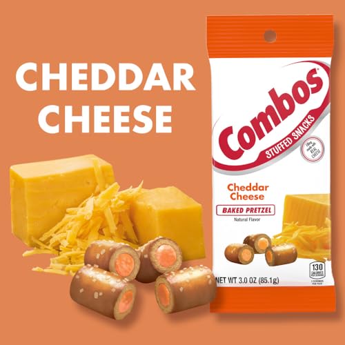 COMBOS Stuffed Snacks Cheddar Cheese Baked Pretzel Snacks, 3.0 oz Bag (Pack of 12)