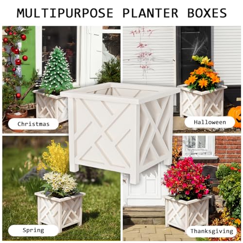 Lattice Design Planter Box 2-Pack – 14.75-Inch Decorative Outdoor Flower or Plant Pots – Front Porch, Patio, and Garden Decor by Pure Garden (White)