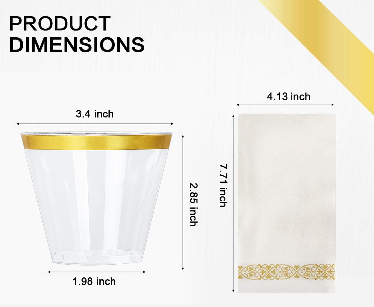 350 Piece MCIRCO Gold Dinnerware Set - 100 Gold Rim Plastic Plates - 50 Gold Plastic Silverware - 50 Gold Plastic Cups - 50 Gold Paper Napkins, 50 Guest Disposable Gold Dinnerware Set