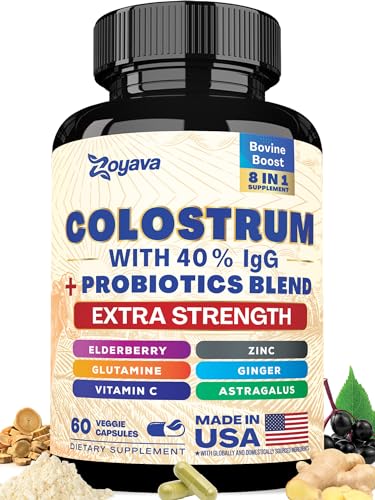 Bovine Colostrum Supplement Capsules, Grass Fed Cow Colostrum with 40% IgG, Probiotics, Elderberry, L-Glutamine, Astragalus, Vitamin C, Ginger, Zinc (60 Capsules)