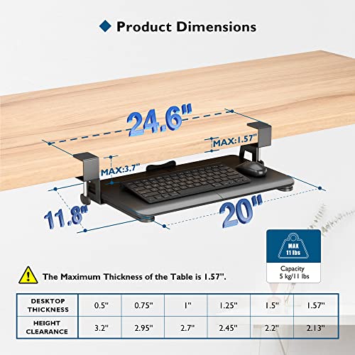 BONTEC Small Keyboard Tray Under Desk, Pull Out Keyboard & Mouse Tray with C Clamp, 20 (24.6Including Clamps) x 11.8inch Steady Slide-Out Computer Drawer, Perfect for Home or Office, Black