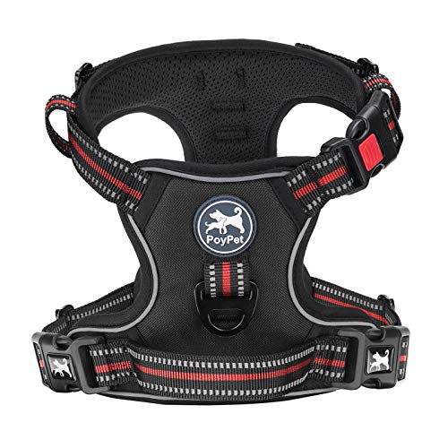 PoyPet No Pull Dog Harness, [Release on Neck] Reflective Adjustable No Choke Pet Vest with Front & Back 2 Leash Attachments, Soft Control Training Handle for Small Medium Large Dogs(Purple,S)