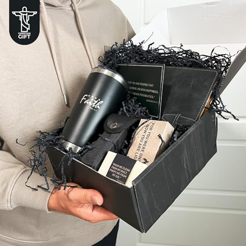 DEHITE Christian Gifts for Men - Religious Gift Basket Inspirational Present - | Insulated Tumbler | Notebook | Multitool Pocket Knife | Fire Starting Kit | - Christmas Gift Birthday Box for Father