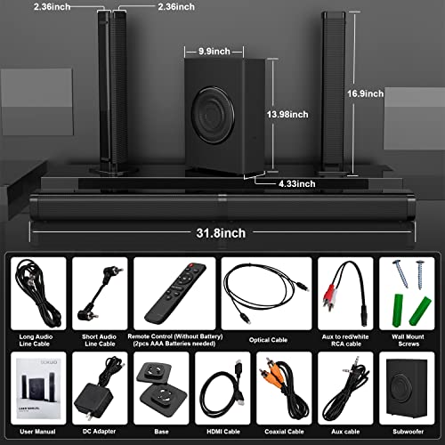 GEOYEAO Sound Bars for TV with Subwoofer, 2.1ch Home Audio Speaker & 3D & 240W Deep Bass Subwoofer Bluetooth 2-in-1 Detachable TV Surround Sound Speaker System
