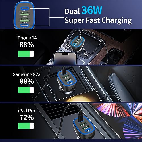 USB C Car Charger, Meagoes 72W 4 Ports Super Fast Automobile Charger Compatible for iPhone 15 Pro/Max/14/13/12/11/iPad Air, Samsung Galaxy S24/S23 Plus/Ultra/S22 Type C Cigarette Lighter USB Charger