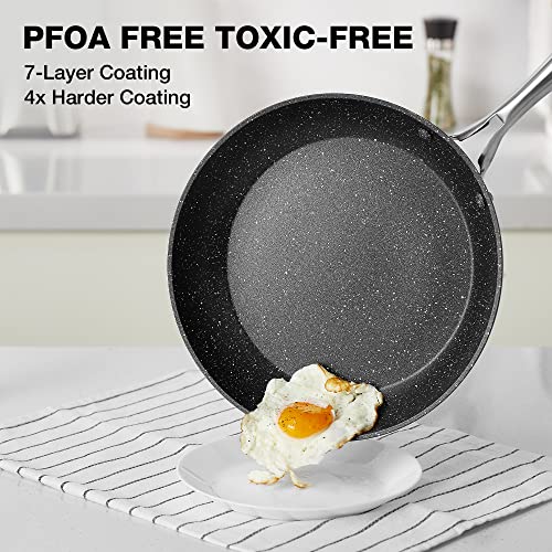 HLAFRG 10 Inch Nonstick Frying Pan with Lid,Black Marble Cookware, Stone-Derived Coating, Non Toxic APEO & PFOA Free, with Heat-Resistant Handle,Oven Safe and Suitable for All Stove