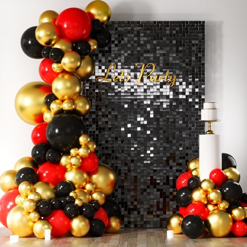 COKAOBE Black Shimmer Wall Backdrop, 18 Pcs Square Sequin Shimmer Backdrop Panel, Photo Backdrops for Birthday, Anniversary, Wedding, Halloween, Graduation & Bachelorette Party Decoration