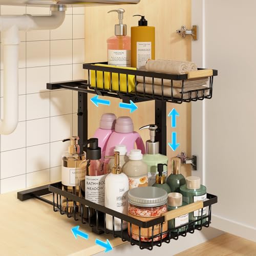 REALINN Under Sink Organizer, Height Adjustable Under Sink Organizers and Storage, 2 Tier Pull Out Drawer Cabinet Organizer for Kitchen Bathroom, 1 Pack