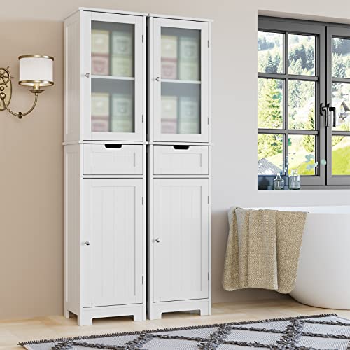 HORSTORS Bathroom Cabinet, Storage Cabinet with 2 Doors & 1 Drawer, Floor Freestanding Cabinet with Adjustable Shelves, Narrow Tall Cabinet for Bathroom, Living Room, Home Office, White