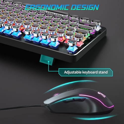 Typewriter Mechanical Gaming Keyboard and Mouse, Metal Panel Retro Keyboard with Round Keycap Blue Switch, RGB Backlit 104 Keys Anti-Ghost Wired Keyboard Mouse and Pad Combo for PC Laptop Mac Gamer