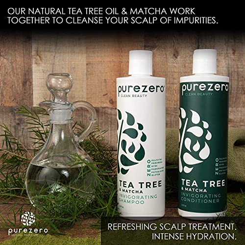 Purezero Tea Tree & Matcha Shampoo and Conditioner Set - Nourishing & Invigorating Scalp Treatment - Zero Sulfates, Parabens, Dyes Vegan and Cruely Free (12 Fl Oz (Pack of 2))