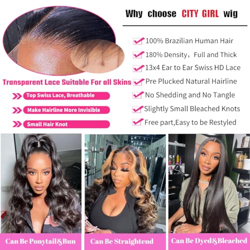 13x4 Body Wave Lace Front Wigs Human Hair 13x4 hd Transparent Lace Frontal Wig 180 Density Lace Front Wigs Human Hair for Women Body Wave Wigs Brazilian Human Hair Pre Plucked with Baby Hair 18 Inch