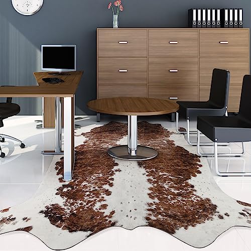 NEOCOZY Exquisite Cowhide Rug, 4.6 x 5.2 ft Faux Cowhide for Living Room Bedroom, Cow Print Rug for Wall, Non-Slip, Camel White