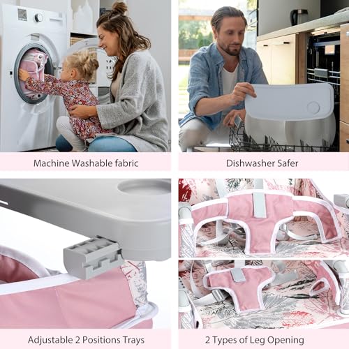 Ezebaby Baby Portable High Chair with Sun Canopy, Foldable High Chairs for Babies and Toddlers with Detachable Tray and 5-Point Harness, Travel High Chair for Indoor and Outdoor Use, Pink