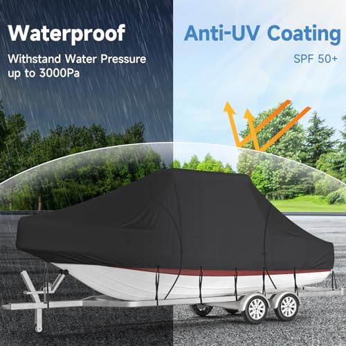 Pontoon Boat Cover, Fits 17-20 ft Pontoon and Flat Bottom Boats, Beamwidth Up to 102 Inch, Waterproof Marine Grade Polyester, Adjustable Straps and Storage Bag Included