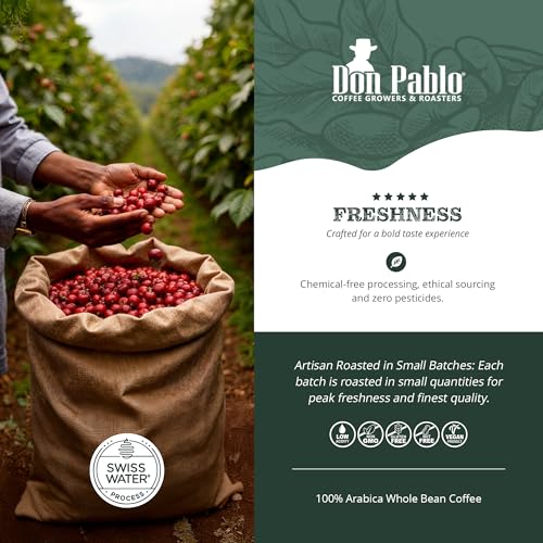 Don Pablo Colombian Decaf - Swiss Water Process Decaffeinated - Medium-Dark Roast Gourmet Coffee - 100% Arabica Whole Bean, Non-GMO, Low Acidity, 907g (2LB) Bag