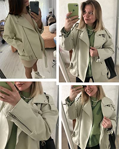 LY VAREY LIN Women Faux Leather Jacket Long Sleeve Oversized Casual Biker Coat with Belt
