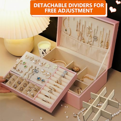 Jewelry Organizer Box for Women Girls,CIT ZCFYU 2 Layers Jewelry Box Earring Holder Organizer with Lock,Travel Jewelry Storage Case with Display for Necklaces Bracelets Rings Watches,Pink Vintage Gift