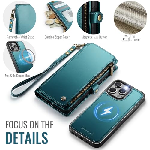 Defencase for iPhone 15 Pro Magnetic Wallet Case Compatible with Magsafe with RFID Blocking Zipper Strap Card Holder for Women, PU Leather Detachable Case for iPhone 15 Pro (6.1 inches), Blue Green