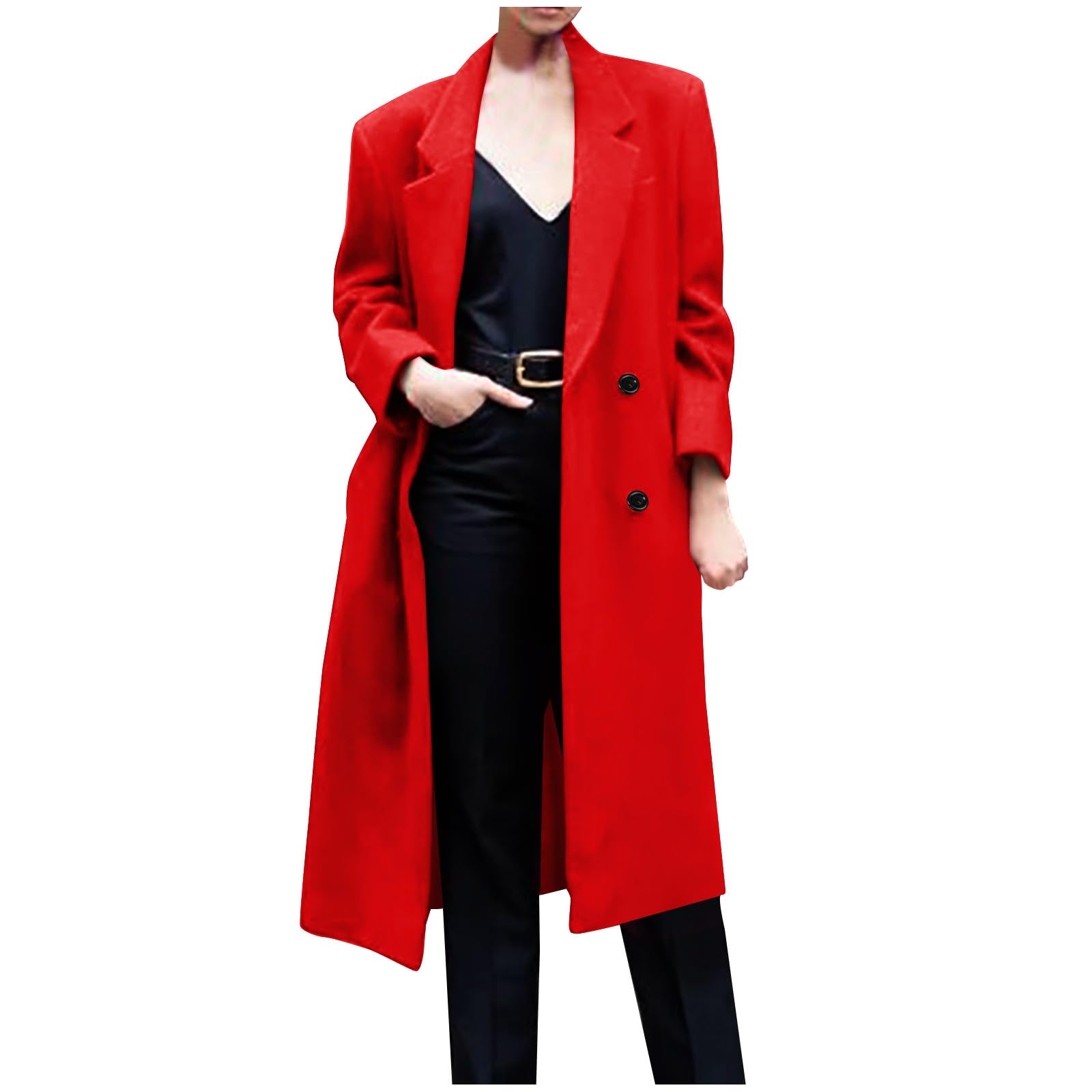 amazon the official site pea coats for women Women Notched Lapel Collar Pea Coat Double Breasted Loose Over Coats Long Sleeve Casual Fashion Jackets Red M