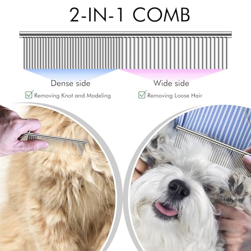 OneCut Pet Grooming Brush and Metal Comb Combo, Pet Grooming Rake and Brushes for Small, Medium & Large Dogs Double Sided Deshedding Tool Removes Knots and Tangled Hair (Blue)