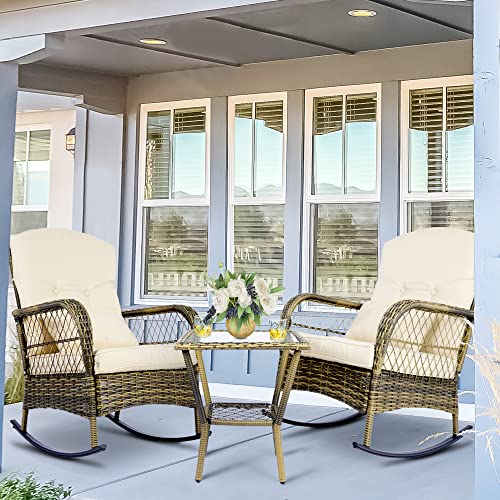 SENSWEET Wicker Rocking Chairs Set of 2, Rattan Patio Rocking Chairs, All-Weather Rocker Lawn Wicker Furniture for Porch Deck Garden Backyard(Beige)
