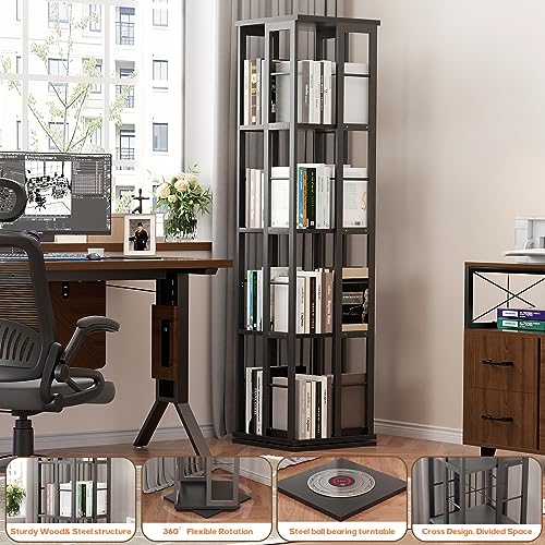 Aheaplus Rotating Bookshelf, Corner Bookshelf, 360 Display Wood Spinning Bookshelf, Floor Standing Bookcase Narrow Shelf Revolving Organizer Storage Rack for Small Space, Bedroom, Study Room, Black