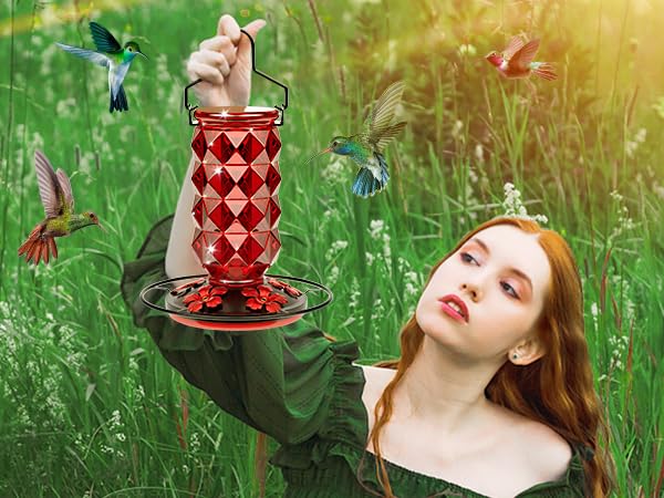 Glass Hummingbird Feeders for Outdoors, 25 Ounces Wild Bird Nectar Feeder with Perch & 5 Flower Feeding Ports Leak Proof Hanging for Garden Backyard Decor, Gifts for Women Mom, Red