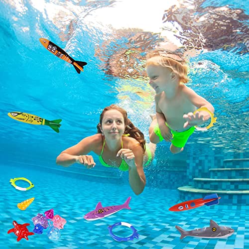 Woplagyreat Summer Pool Diving Swimming Toys for Kids, Fun Swim Games Sinking Set, Underwater Dive Gifts with Storage Bag Include Torpedo Gems Shark Rings Sea Animals for Boys Girls Toddlers 20 Packs