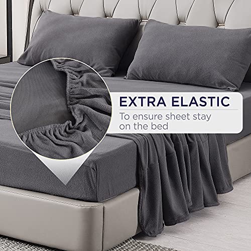 Nikazz Super Soft Fleece Sheet Set - Extra Plush Polar Fleece, No-Pilling Bed Sheets - All Season Cozy Warmth Flat Sheet, Fitted Sheet and 2 x Pillowcases, 4 Piece (Queen, Grey)