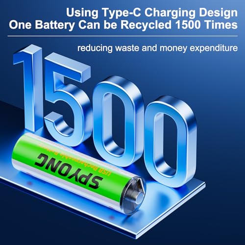 SPYONG USB Rechargeable AA Batteries, Lithium Ion 3450mWh 1.5v Rechargeable Batteries with 4-in-1 USB-C Charging Cable, Over 1500 Cycles, Charges 40 Minutes, LED Charge Indicator, 4-Pack