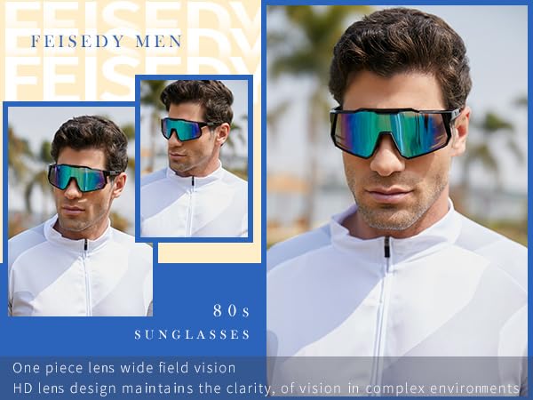 FEISEDY Sports Sunglasses Wraparound 80s Visor Men Women Outdoor Shield Baseball Sunglasses B4125 (Black Frame/Blue Mirror)