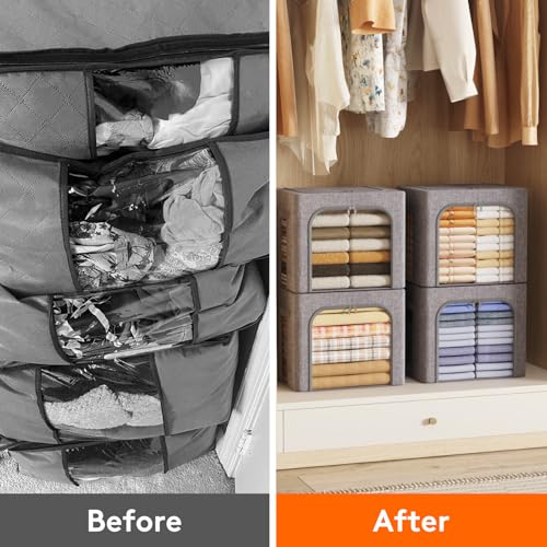 Lifewit Clothes Storage Bins with Metal Frame, Stackable Storage Box, Foldable Clothing Storage Bins with Lids, 40L Storage Bags Fabric Box Organizer with Clear Window＆ Zippers＆ Sturdy Handles 3 Pack