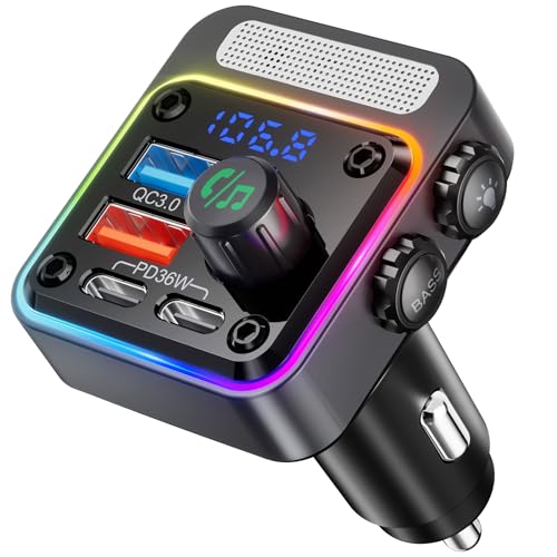 Nulaxy 54W Bluetooth 5.3 Car Adapter with 4 Charging Ports [PD 36W & QC3.0 18W], Wireless Radio FM Transmitter with Deep Bass Player & 5 Colors LED Backlit, Hands-Free Calling - NX16 Black
