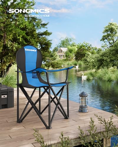 SONGMICS Folding Camping Chair, Supports 551 lb, with Comfortable Sponge Seat, Heavy Duty Structure, Cup Holder, Outdoor Picnic Chair, Blue and Black UGCB06BU