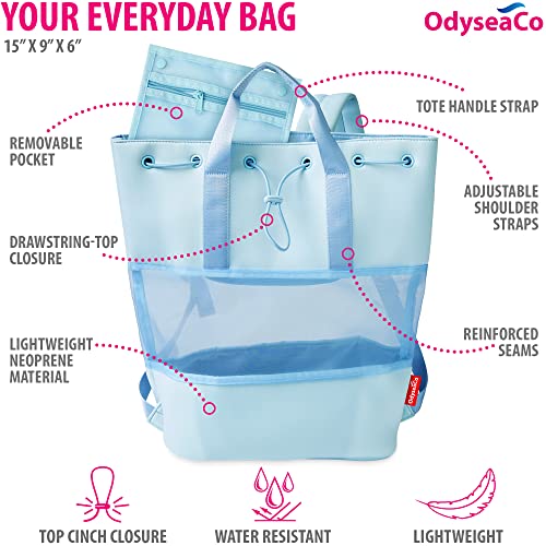 Odyseaco Beach Backpack Lightweight (Blue) - Neoprene Drawstring Beach Bags for Women Waterproof Sandproof - Ideal for Gym, Workout and Pool