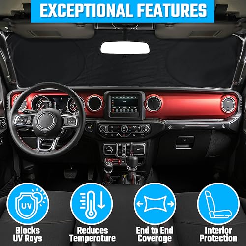 Autovir Jeep Windshield Sunshade | Protects Sun Visor from UV and Heat Protection | Fits for Wrangler, Gladiator, and Rubicon Models | Keeps Your Car Cool and Comfort | X-Small (60" x 21")